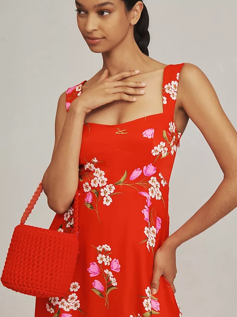Anthropologie- Maeve Red Floral Midi Dress With Pink & White Blooms